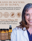 Dr. Suzanne Gilberg MD, Board Certified OB GYN and CLEA Midlife Medical Advisor, with CLEA CBD products