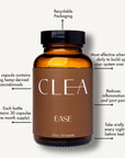 CLEA Ease capsule product benefits - 50mg hemp cannabinoids per capsule, reduces inflammation and joint pain, recyclable packaging